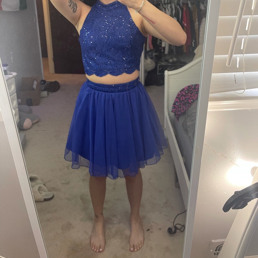 2 piece royal blue dress. Crop top and skirt set